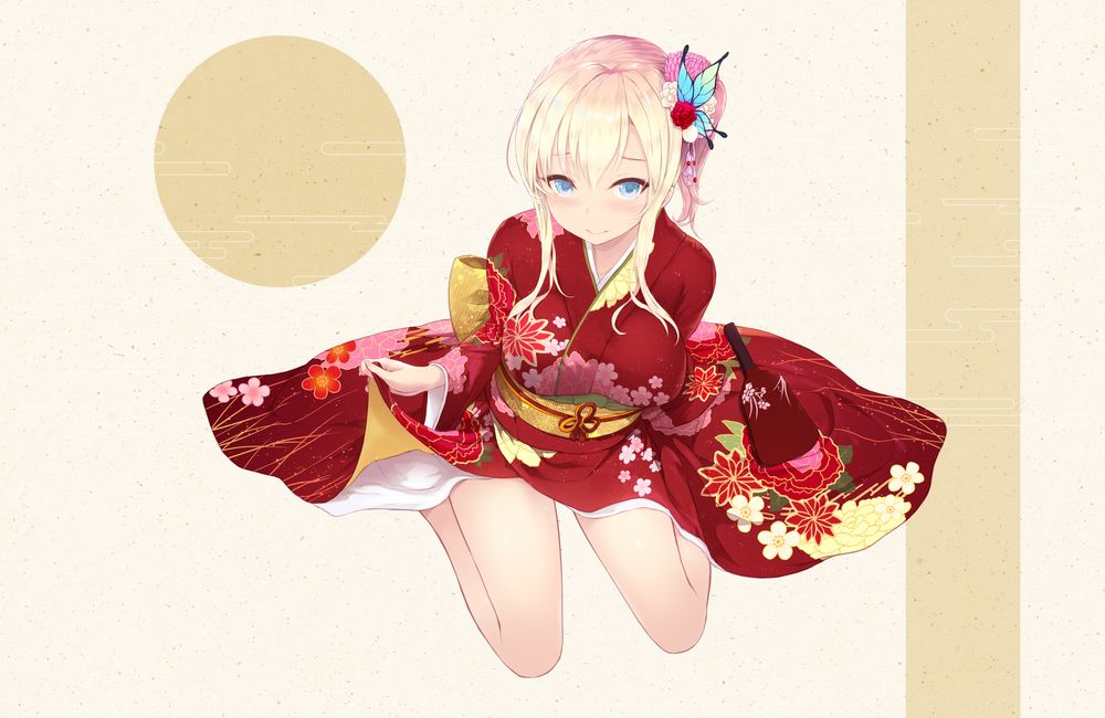 Обои для рабочего стола Kashiwazaki Sena / Сэна Касивадзаки в красном кимоно с цветочным узором, персонаж из аниме У меня мало друзей / Boku wa Tomodachi ga Sukunai, art by Cait