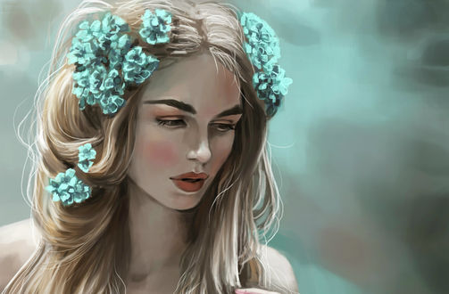 Обои на рабочий стол Девушка с цветами на волосах, by JuneJenssen