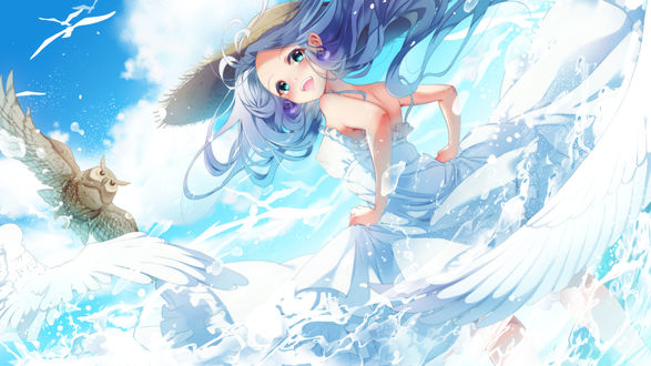 Обои на рабочий стол Hatsune Miku / Хатсуне Мику в белом платье кружится, стоя в воде, вокруг нее летают птицы, art by minami mofuko