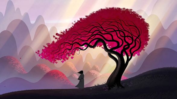 Обои на рабочий стол Samurai Jack стоит поодаль от розового дерева