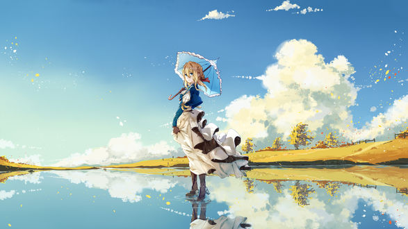 Обои на рабочий стол Violet Evergarden / Вайолет Эвергарден стоит на поверхности воды держа в руке зонт, персонаж из аниме Violet Evergarden, art by jin yun