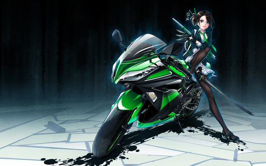 Обои на рабочий стол Девушка-ниндзя сидит на мотоцикле Kawasaki Ninja 250, автор оригинала Hamada Youho
