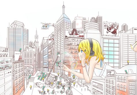 Обои на рабочий стол Vocaloid Kagamine Rin / вокалоид Кагамине Рин в наушниках лежит среди домов на улице в городе лилипутов