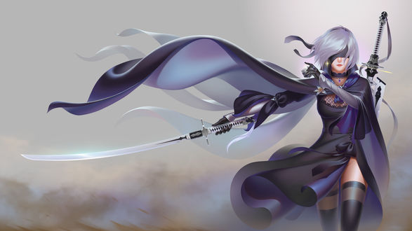 Обои на рабочий стол YoRHa No. 2 Type B с катаной в руке, персонаж из игры NieR: Automata, art by lhcc