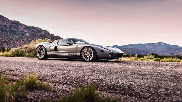Обои на рабочий стол Серебряный Ford GT стоит на дороге