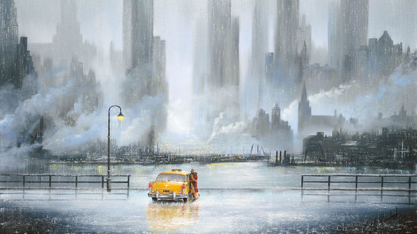 Обои на рабочий стол Человек стоит возле такси на набережной, by Jeff Rowland
