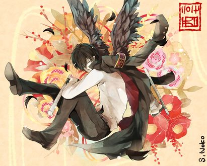 Обои на рабочий стол Hibari Kyoya / Хибари Кея с черными крыльями из аниме Katekyo Hitman REBORN! / Репетитор киллер Реборн, by S. Noko