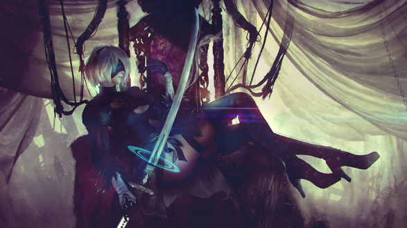 Обои на рабочий стол YoRHa No. 2 Type B сидит на кресле с катаной в руке, персонаж из игры NieR: Automata, by Eddy-Shinjuku