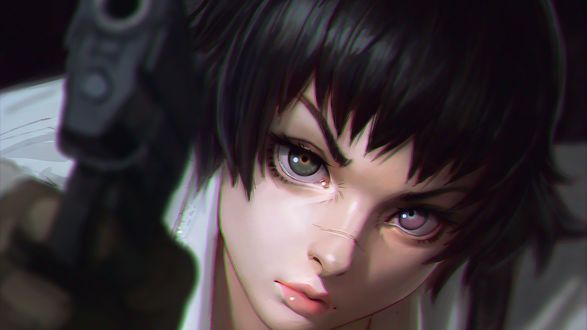 Обои на рабочий стол Lady / Леди (Мэри Энн Аркхем) с пистолетом в руке, персонаж из игры Devil May Cry 3: Dantes Awakening