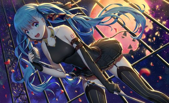 Обои на рабочий стол Vocaloid Hatsune Miku / Вокалоид Хатсуне Мику поет с микрофоном на фоне полной Луны