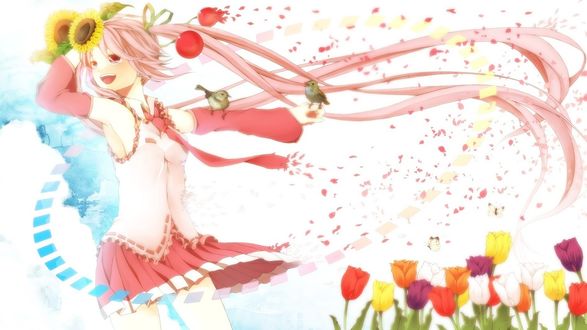 Обои на рабочий стол Vocaloid Hatsune Miku (Sakura Miku) / Вокалоид Хатсунэ Мику (Сакура Мику) среди подсолнухов и тюльпанов в вихре лепестков