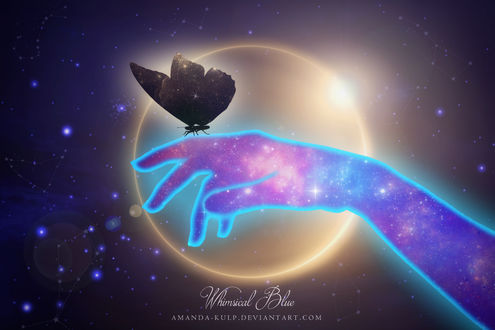 Обои на рабочий стол На руке человека сидит бабочка, работа Whimsical Blue - Edited and Re-uploaded, by Amanda-Kulp