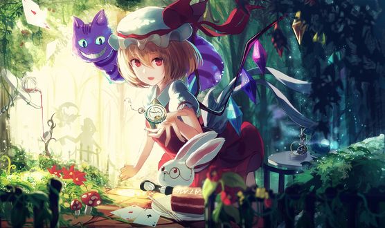 Обои на рабочий стол Flandre Scarlet / Фландре Скарлет из игры Тохо / Touhou / Проект Восток в образе Алисы в Стране Чудес / Alice in Wonderland с Белым кроликом и Чеширским котом