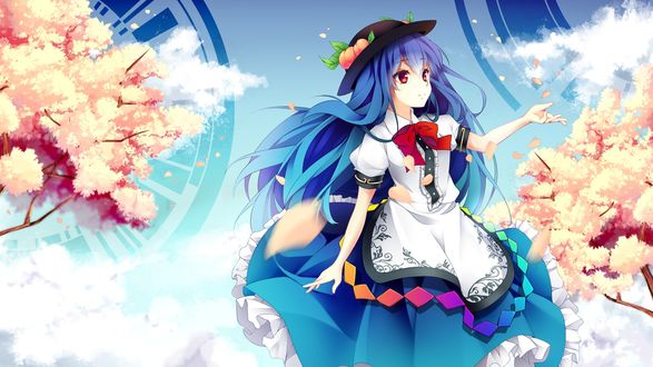Обои на рабочий стол Tenshi Hinanawi / Тэнси Хинанави из игры Scarlet Weather Rhapsody / Алая Погодная Рапсодия среди цветущей сакуры