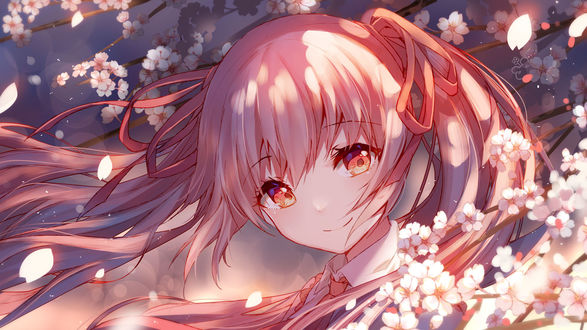 Обои на рабочий стол Vocaloid Miku Hatsune / Вокалоид Мику Хацунэ в окружении цветущей сакуры, by bison cangshu