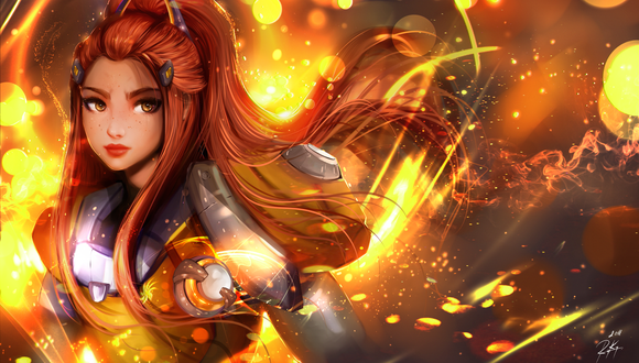 Обои на рабочий стол Brigitte Overwatch / Бриджит Овервач в огне, by ryky