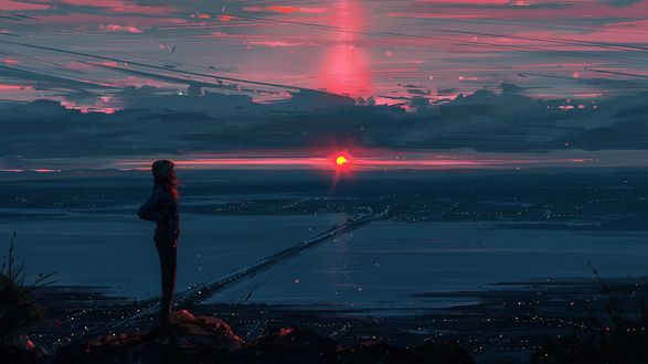 Обои на рабочий стол Девушка на фоне заката и моста, by Aenami