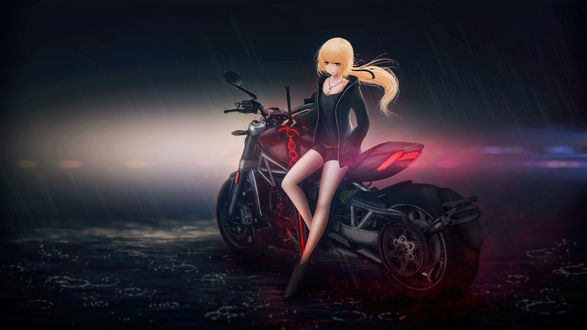 Обои на рабочий стол Сэйбер Альтер / Saber Alter с мотоциклом из аниме / визуальной новеллы Fate / stay night / Судьба / Ночь Схватки, by Qoncepts