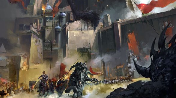 Обои на рабочий стол Атака конных рыцарей на орков у стен осажденного замка, by Dongbiao Lu