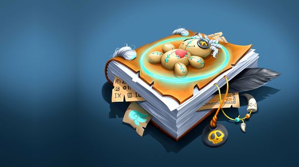Обои на рабочий стол Магическая книга с амулетами и заклинаниями, на которой лежит кукла вуду, художник Надежда Полигалова