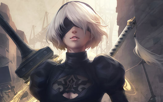 Обои на рабочий стол YoRHa №2 тип B из игры NieR: Automata стоит с мечами за спиной