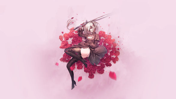 Обои на рабочий стол YoRHa №2 тип B из игры NieR Automata лежит на цветках роз