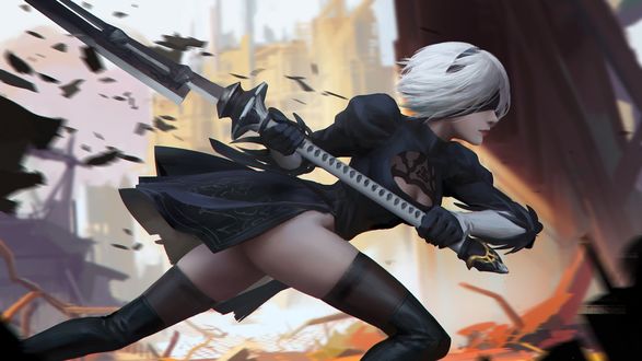 Обои на рабочий стол YoRHa №2 тип B из игры NieR: Automata бежит с двуручным мечом в руках