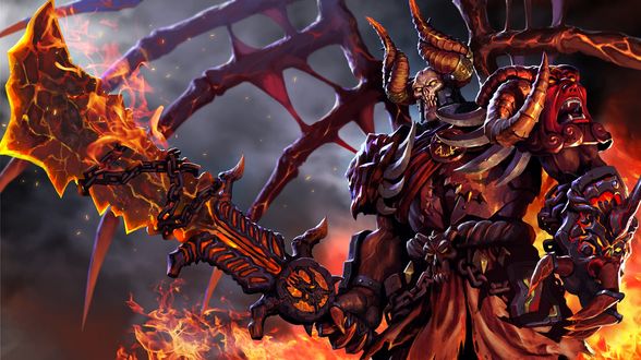 Обои на рабочий стол Демон Doom / Дум - герой игры Дота 2 / Dota 2 стоит среди огня с мечом
