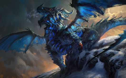 Обои на рабочий стол Девушка-воин и Astolfo, the Ice Dragon / Астольфо, ледяной Дракон, by MikeAzevedo