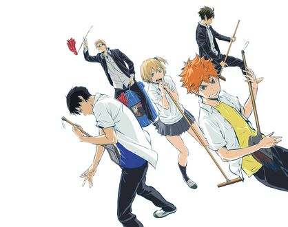 Обои на рабочий стол Shouyou Hinata / Шое Хината, Kageyama Tobio / Кагеяма Тобио, Kei Tsukishima и Tadashi Yamaguchi со швабрами из аниме Haikyuu! / Волейбол, art by Haruichi Furudate