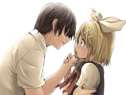 Обои на рабочий стол Парень собирается поцеловать вокалоида Кагаминэ Рин / Vocaloid Kagamine Rin