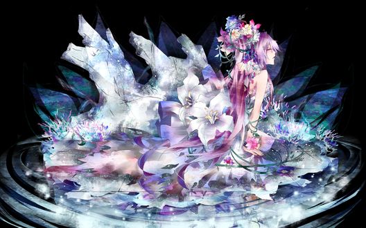 Обои на рабочий стол Vocaloid Megurine Luka / Мегурин Люка с цветами на голове сидит в воде среди кристаллов в темноте