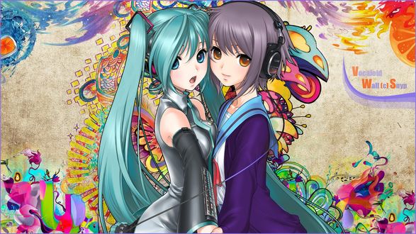 Обои на рабочий стол Vocaloid Hatsune Miku / Вокалоид Хатсуне Мику и Yuki Nagato / Юки Нагато из аниме the Melancholy of Haruhi Suzumiya, by Tony Taka