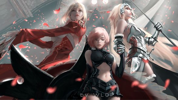 Обои на рабочий стол Mash Kyrielight / Мэш Кириелайт, Jeanne dArc / Жанна дАрк и Nero Claudius / Нерон Клавдий из аниме Fate / Grand Order: First Order / Судьба / Великий приказ, by wlop