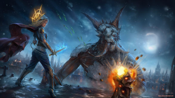 Обои на рабочий стол Девушка с кинжалом стоит на крыше собора Oriath перед демоном, арт к игре Path of Exile / Путь изгнания, by Jorsch