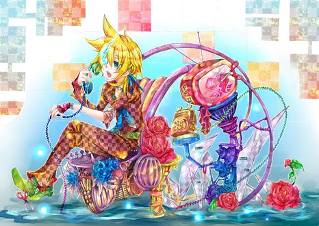 Обои на рабочий стол Vocaloid Kagamine Len / вокалоид Кагамине Лен сидит в кресле и разговаривает по телефону рядом телевизор и красные розы