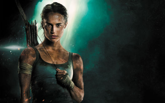 Обои на рабочий стол Актриса Alicia Vikander / Алисия Викандер в образе Lara Croft / Лары Крофт, арт к фильму Tomb Raider / Расхитительница гробниц: Лара Крофт