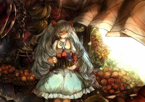 Обои на рабочий стол Vocaloid Hatsune Miku / вокалоид Хатсуне Мику стоит среди корзин с разными фруктами, by Vima
