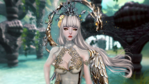 Обои на рабочий стол Девушка в золотых доспехах, Gold / Золото, арт к игре Blade & Soul / Клинок и Душа, by Mila Milova