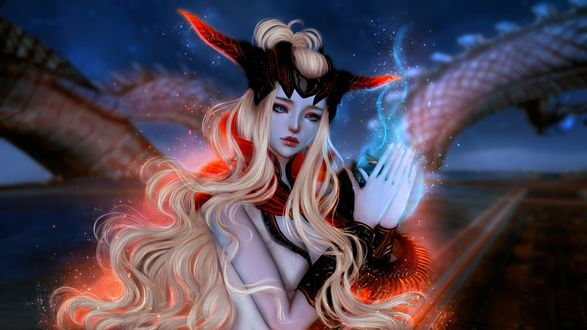 Обои на рабочий стол Девушка с Blue magic / Голубой магией в руках, арт к игре Blade & Soul / Клинок и Душа, by Mila Milova