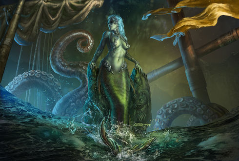 Обои на рабочий стол Siren / Сирена на фоне тонущего парусника, by Edikt Art