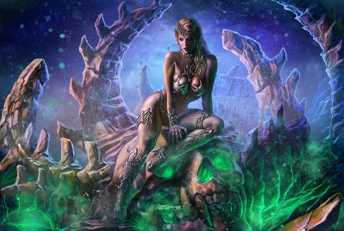 Обои на рабочий стол Witch / Ведьма сидит на гигантском черепе, горящим зеленым пламенем, by Edikt Art