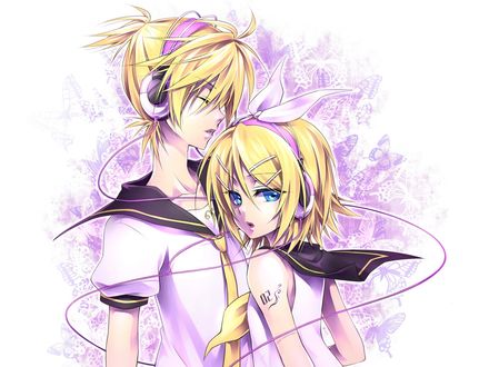 Обои на рабочий стол Vocaloids Kagamine Rin & Len / вокалоиды Кагамине Рин и Лен в матросках стоят рядом