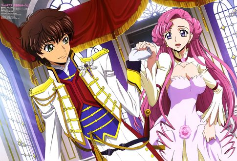 Обои на рабочий стол Сузаку / Kururugi Suzaku держит за руку Euphemia из аниме Code Geass / Код Гиасс, art by Takahiro Kimura