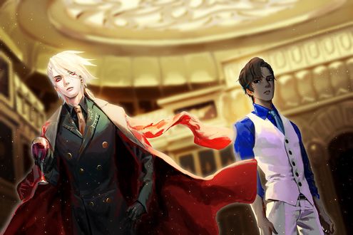 Обои на рабочий стол Lanser и Kastor стоят в центре зала, персонажи из онлайн RPG игры Fate Grand Order / Судьба: Великий Приказ