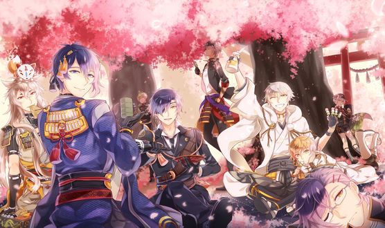 Обои на рабочий стол Tsurumaru Kuninaga / Тсурумару Кунинага, Munechika Mikazuki, Akashi Kuniyuki, Shokudaikiri Mitsutada и Kogitsunemaru на пикнике под цветущей сакурой из игры и аниме Touken Ranbu / Танец мечей