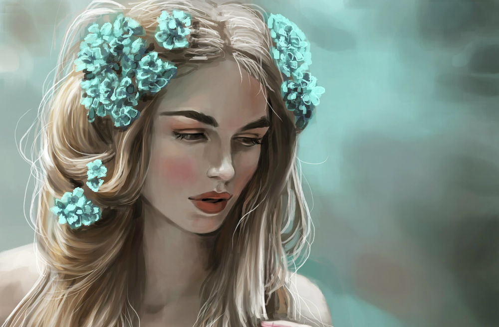 Обои для рабочего стола Девушка с цветами на волосах, by JuneJenssen