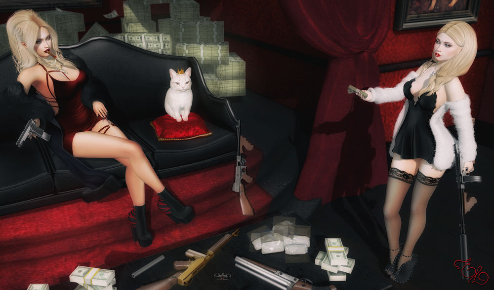 Обои для рабочего стола Девушки с оружием в комнате с деньгами и наркотиками, белая кошка на диване, by Emily Lemton