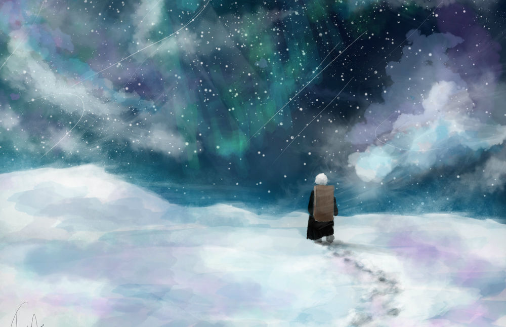 Обои для рабочего стола Гинко / Ginko из аниме Мастер муси / Mushishi идет по глубоким сугробам, на фоне облачного неба с северным сиянием, в снегопад, by Sabrina Morilla