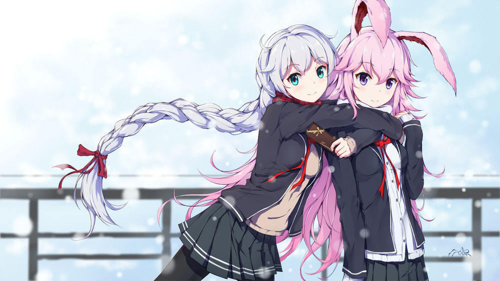 Обои для рабочего стола Kallen Kaslana обнимает Yae Sakura, персонажи мобильного приложения Honkai Impact (Benghuai Xueyuan)